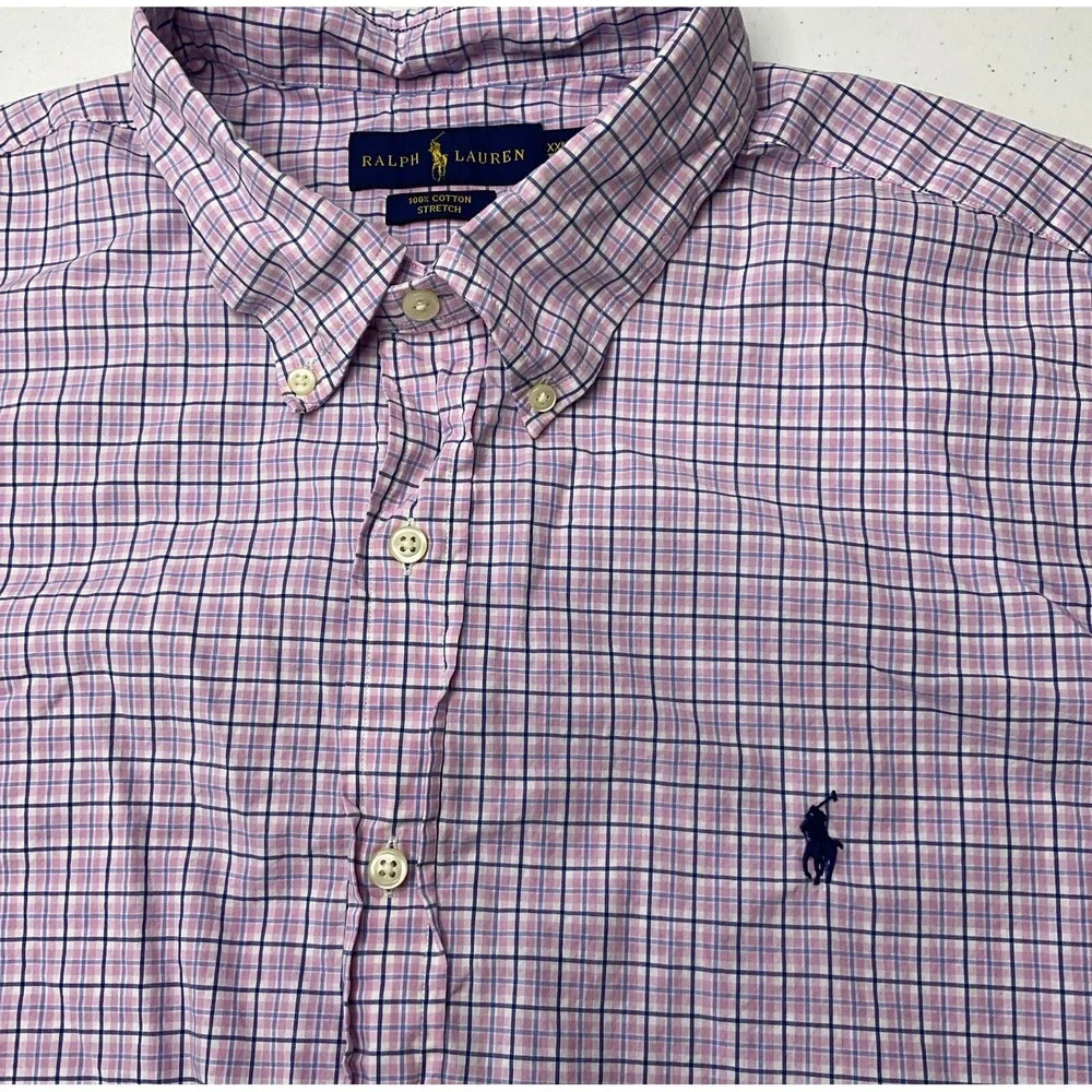 Polo Ralph Lauren Shirt Men Sz 2XL Stretch Gingham Plaid Pink Long Sleeve Pony